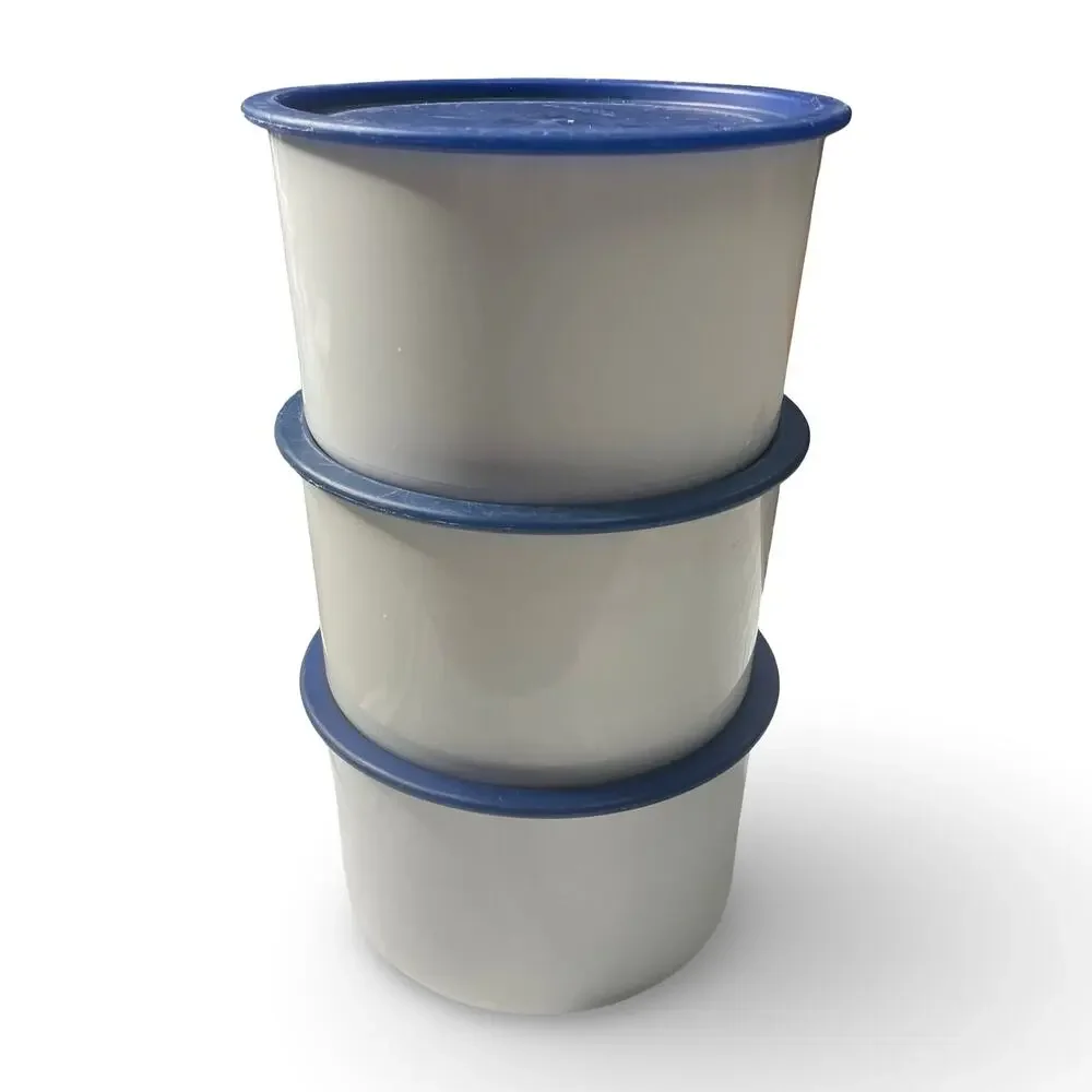Tupperware One Touch Canister C Set of 3 2709A White Blue Lid 2419A Stackable